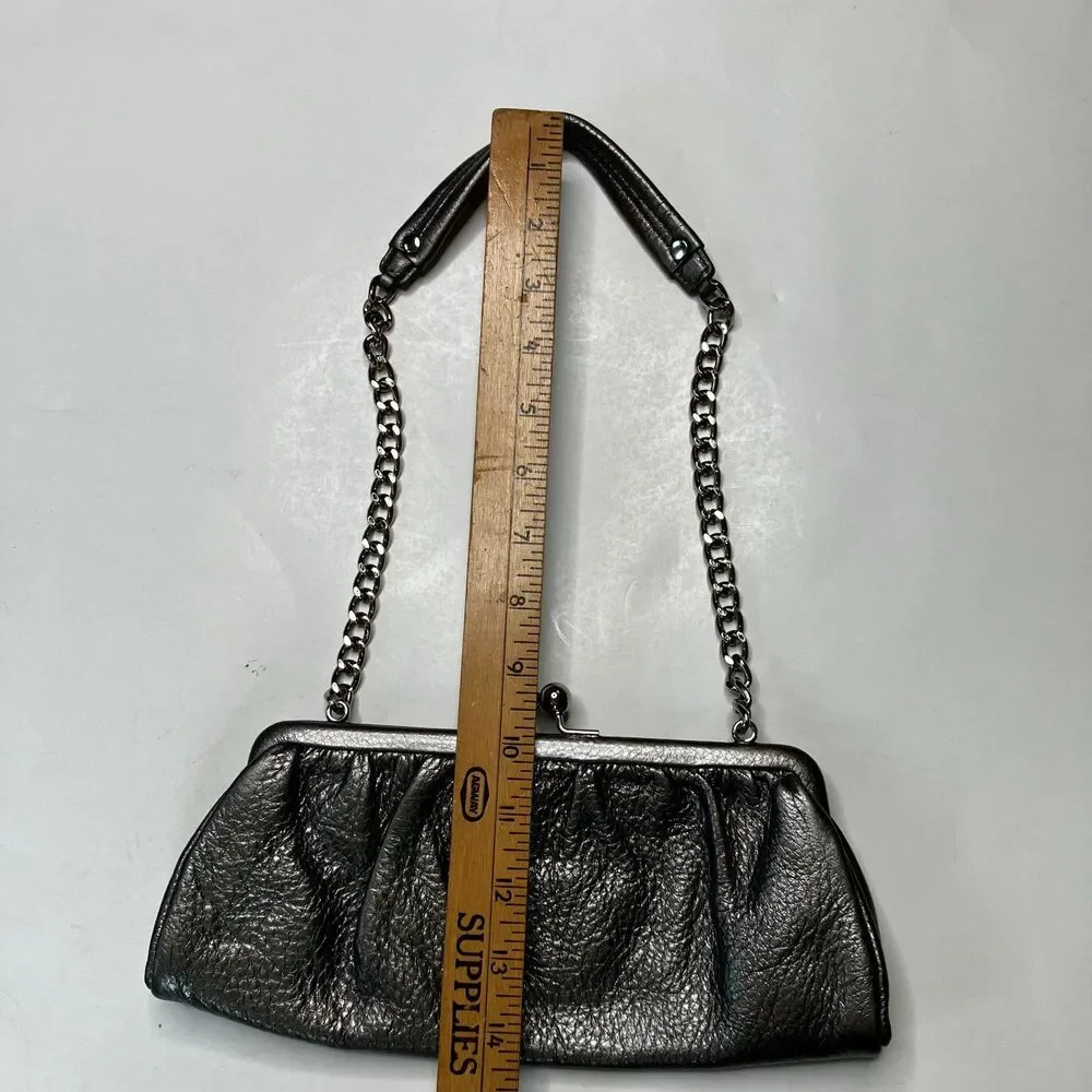 Talbot's Metallic Silver Gray Leather Clutch Evening Purse With Shoulder Strap